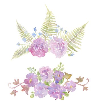 Nazik buketleri ile pembe güller, peonies, çan, fern ve Ivy düğün tebrik kartı için. Romantik bahçe çiçek davet şablonu. Suluboya resim 