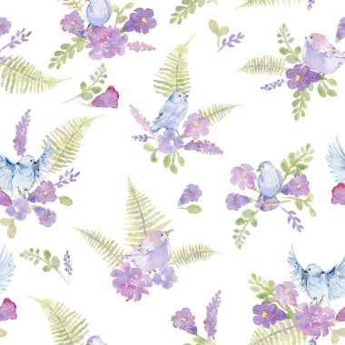 Nazik seamless modeli pembe peonies, çan, fern ve kuşlar için düğün tebrik kartı, davetiye ile. İzole öğeleri beyaz arka plan üzerinde. Romantik bahçe çiçek. Suluboya resim