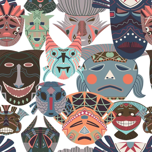 Seamless Pattern Tribal Masks African Ethnic Background Geometric Elements Vector — Stock Vector