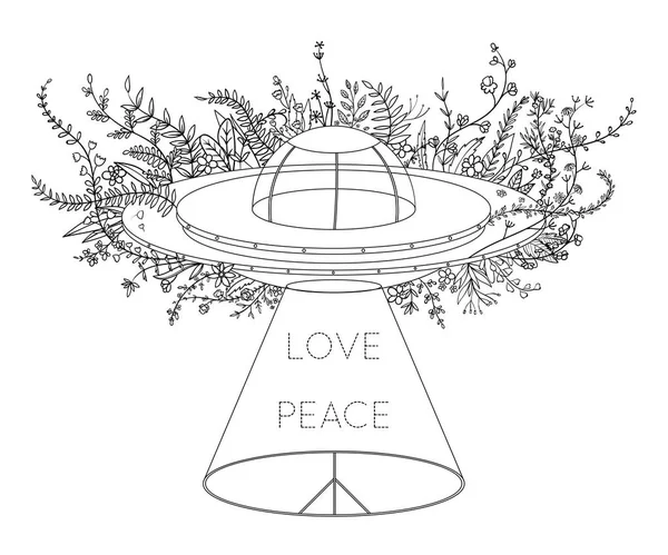 不明飞行物飞船不明飞行物体与光束 鲜花和嬉皮士和平的象征 爱的标志 海报的设计理念 向量例证 — 图库矢量图片