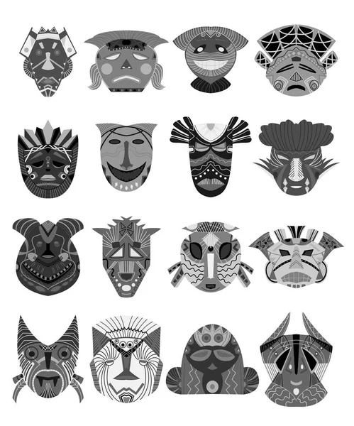 Ensemble Masques Tribaux Eléments Design Avec Ornement Géométrique Ethnique Africain — Image vectorielle