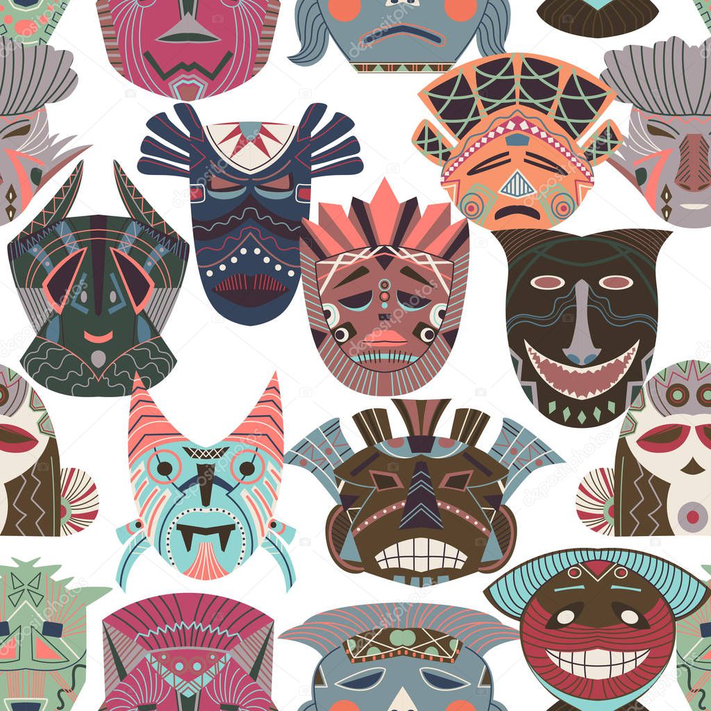 Seamless pattern with tribal masks. African ethnic background with geometric elements. Vector illustration