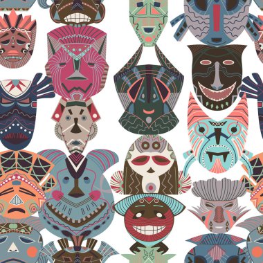 Kabile maskeleri ile Seamless modeli. Geometrik öğelerle Afrika etnik köken. Vektör çizim