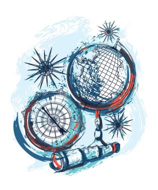 Poster teleskop, vintage globe ve pusula ile. Sembolleri suluboya tarzında grunge arka plan üzerinde seyahat. Vektör çizim