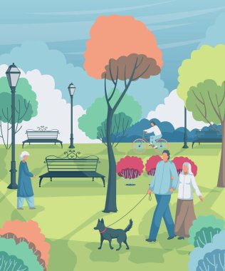 Emekli insanlar şehir Park'ta yürüyordunuz. Manzara ağaçlar, çalılar, banklar, fenerler. Vektör çizim 