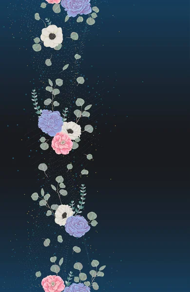 粒子と水彩風の花柄要素のシームレスな境界線 ツバキ アネモネの花は ユーカリの葉 招待状 グリーティング カードのデザイン テンプレートを印刷します ベクトル図 — ストックベクタ