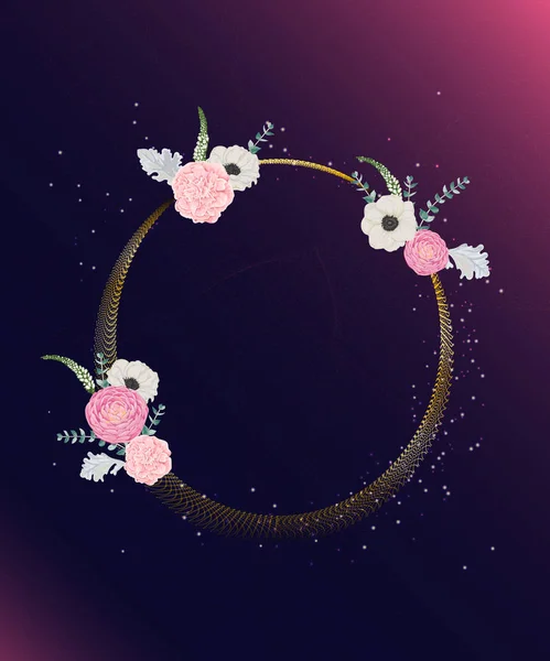 Cadre Doré Avec Des Éléments Floraux Dans Style Aquarelle Particules — Image vectorielle