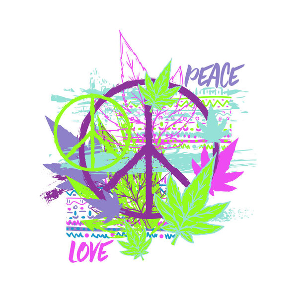 Hippie peace symbol with cannabis leaves, ethnic ornament and grunge brush strokes. Design concept for print, poster, sticker, tattoo. Vector illustration