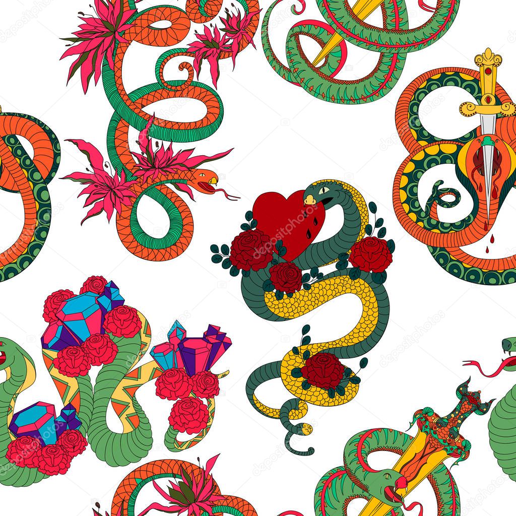 Seamless pattern with snakes set. Old school tattoo design. Colorful reptiles on white background. Vector illustration