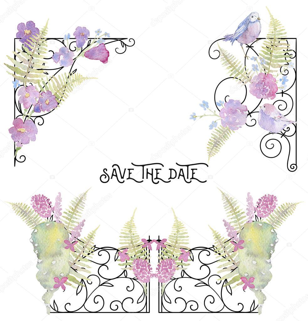 Forged fence and corner border with pink roses, leaf, bird and fern. Vintage baroque ornament and romantic garden flowers. Watercolor illustration