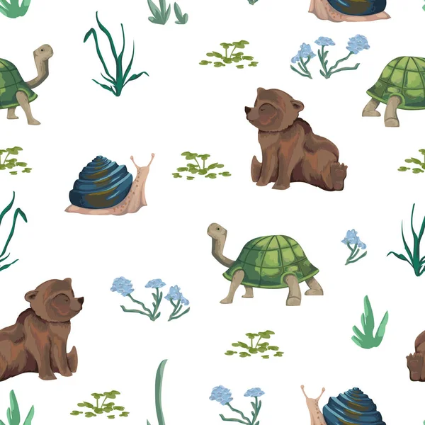 Nahtloses Muster Mit Teddybär Schildkröte Schnecke Blumen Blättern Nette Zeichentrickfiguren — Stockvektor