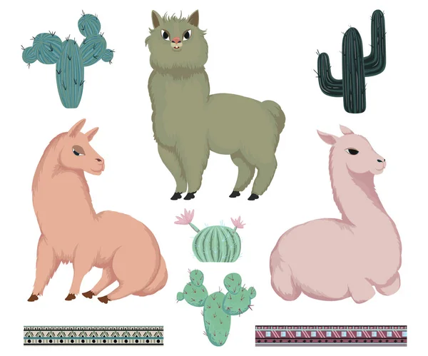 Llama Animals Cacti Mexican Ornament Borders Set Isolated Elements Watercolor — Stock Vector
