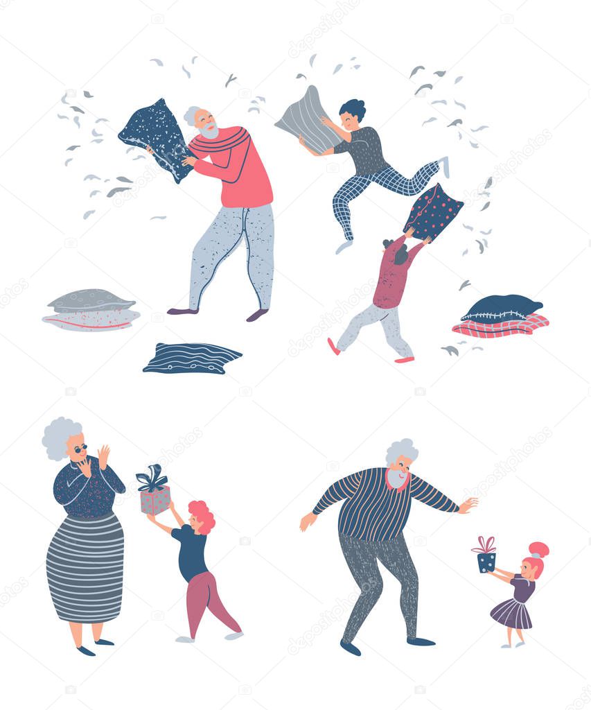 Grandparents with grandchildren set.  Funny cartoon characters. Isolated on white background. Vector illustration