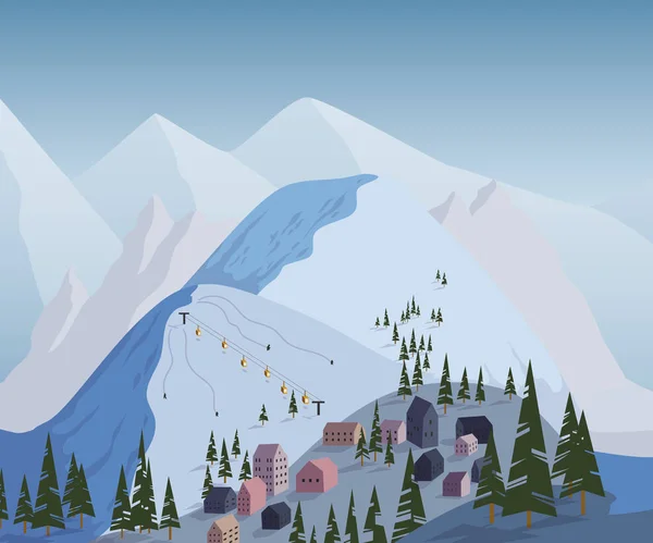 Ski Resort Beautiful Landscape Mountains Houses Hotels Fir Trees Ski — Stock Vector