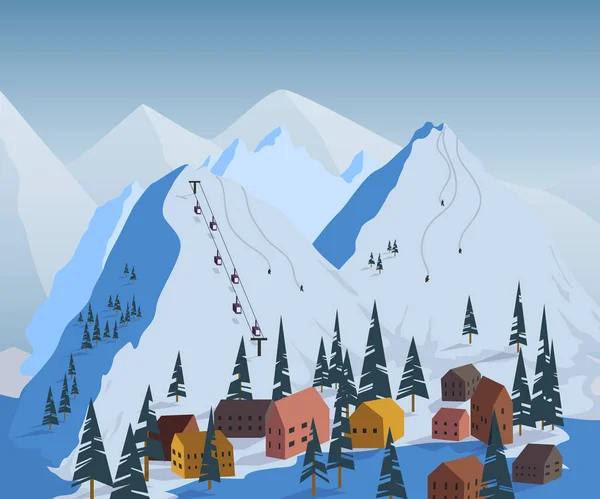 Station Ski Beau Paysage Avec Montagnes Maisons Hôtels Sapins Remontées — Image vectorielle