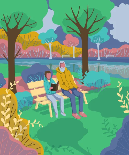 Παππούς Τον Εγγονό Κάθεται Παγκάκι Στο Πάρκο Και Ανάγνωση Βιβλίων — Διανυσματικό Αρχείο