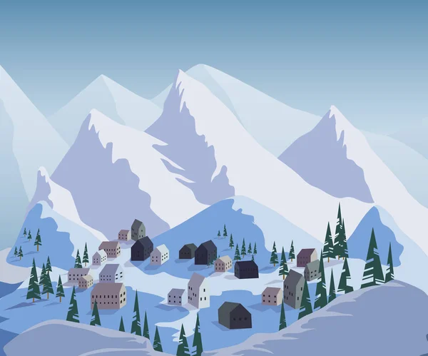 Station Ski Beau Paysage Avec Montagnes Maisons Hôtels Sapins Remontées — Image vectorielle