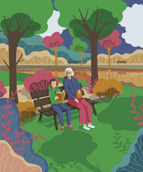 Oma Met Kleinzoon Zittend Bankje Park Lezing Boek Vectorillustratie — Stockvector