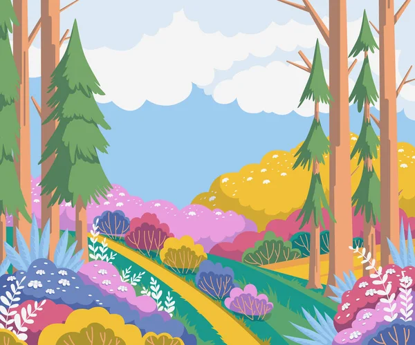 Spring landscape with trees, fir trees, plants, bushes, flowers. Beautiful scenery background. Colorful vector illustration