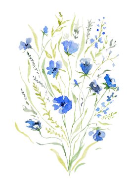 Rustik buket nazik mavi çiçekli. Botanik kompozisyon düğün veya tebrik kartı için. Beyaz arka plan üzerinde izole. Suluboya resim