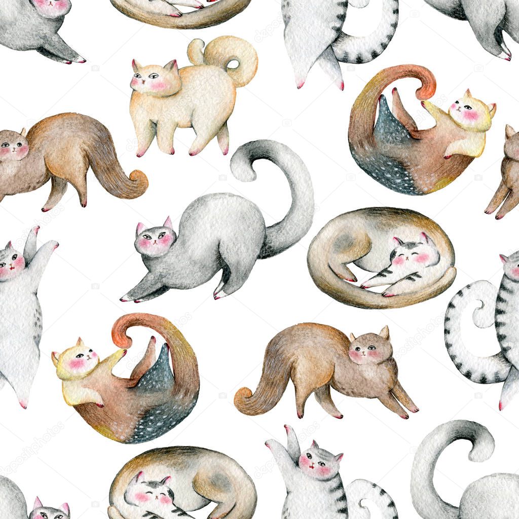 Seamless pattern with cute cats set. Isolated on white background. Watercolor illustration