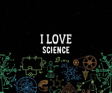 Bilimi seviyorum. Vintage Bilimsel ekipman, formüller ve grunge arka planda unsurları ile Dikişsiz sınır. Baskı, poster, duvar kağıdı için tasarım şablonu. Vektör Illustration