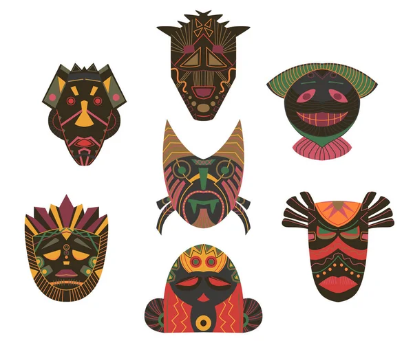 Ensemble Masques Tribaux Eléments Design Avec Ornement Géométrique Ethnique Africain — Image vectorielle