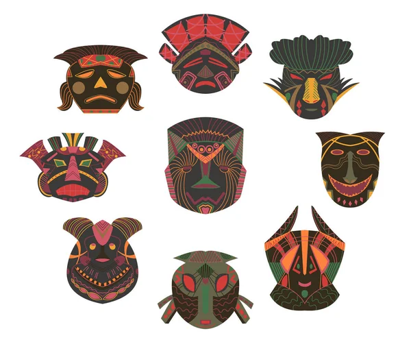 Tribal Masks Set Design Elements African Ethnic Geometric Ornament Isolated — Stock Vector