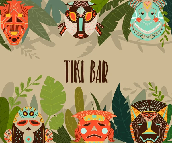 部族のマスクとジャングルの葉を持つティキ バーデザインテンプレート アフリカ民族幾何学的装飾を持つデザイン要素 ベクターイラスト — ストックベクタ