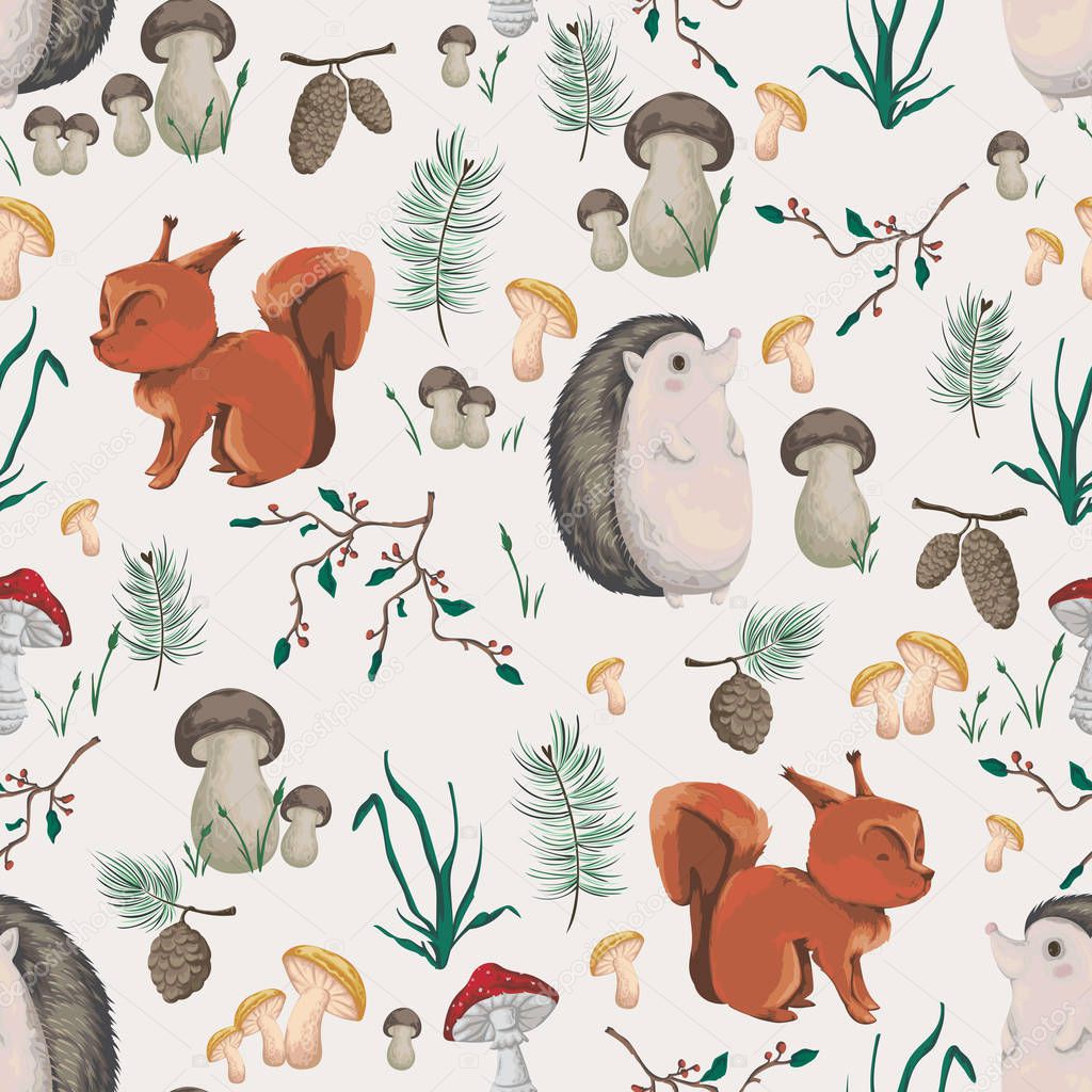 Seamless pattern with little squirrel, hedgehog, plants and mushrooms.  Design in watercolor style for baby shower party, wallpaper, fabric. Cartoon characters. Vector illustration.