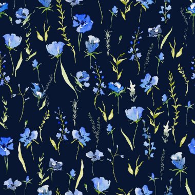 Rustik nazik mavi çiçekler ile dikişsiz desen. Tekstil, duvar kağıdı, baskı için botanik arka plan tasarımı. Koyu mavi arka planda izole edilmiştir. Suluboya illüstrasyon