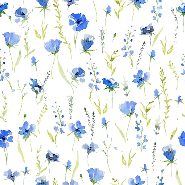 Seamless pattern with rustic gentle blue flowers. Botanical background design for textile, wallpaper, print. Isolated on white background. Watercolor illustration