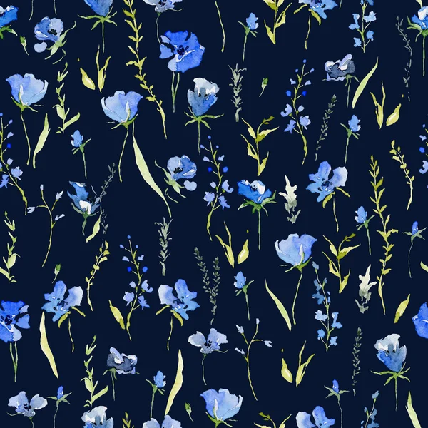 Seamless pattern with rustic gentle blue flowers. Botanical background design for textile, wallpaper, print. Isolated on dark blue background. Watercolor illustration