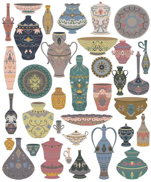 Collezione Utensili Arabi Tradizionali Piatti Orientali Pentole Lanterna Ciotola Piatti — Vettoriale Stock