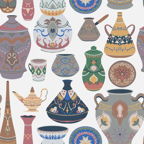 与传统阿拉伯器皿收藏无缝模式 东方菜 陶瓷及民族花卉饰品 矢量插图 — 图库矢量图片