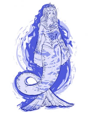 Mavi suluboya arka planda denizkızı. Fırtınanın kraliçesi. Baskı, afiş, afiş için tasarım. Vektör çizimi