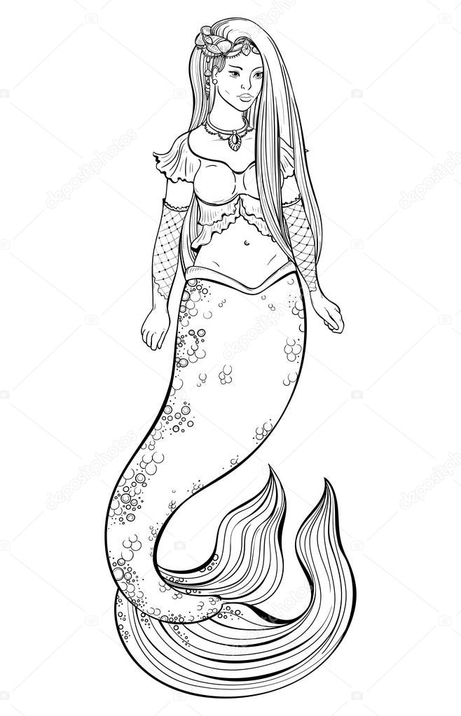 Portrait of mermaid with long beautiful hair and jewelry. Design for print, poster, banner. Isolated object on white background. Vector illustration
