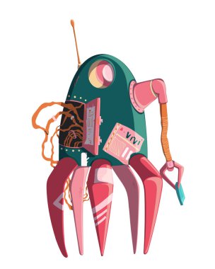 Karikatür robot karakteri. Teknoloji, gelecek. Yapay zeka tasarım kavramı. Beyaz arka planda izole edilmiştir. Vektör Illustration