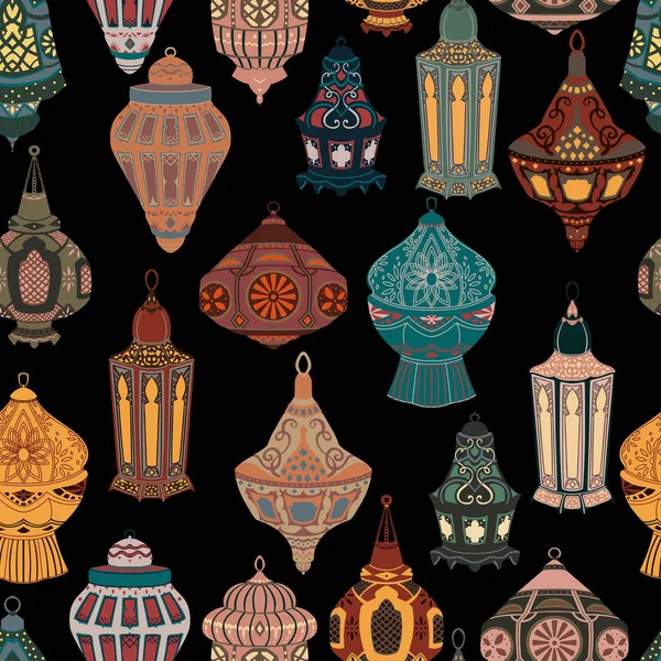 Patrón Sin Costuras Con Colección Linternas Árabes Lámparas Orientales Tradicionales — Vector de stock