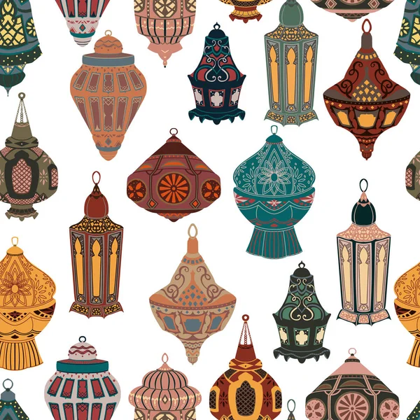 Modèle Sans Couture Avec Collection Lanternes Arabes Lampes Orientales Traditionnelles — Image vectorielle