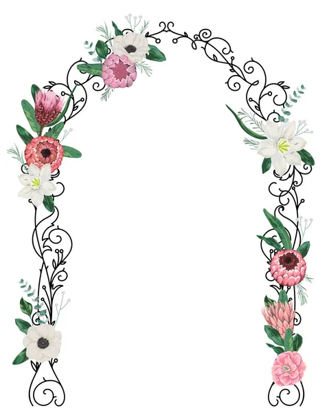 Hermoso Arco Boda Forjado Con Protea Flores Anémona Lirio Hojas — Vector de stock