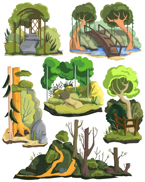 夏季风景集 美丽的花园 森林和草甸风景与树木 白色背景上的隔离元素 五颜六色的矢量插图 — 图库矢量图片