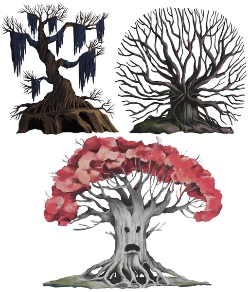 幻想树和植物设置 概念设计数字艺术 隔离在白色背景上 手绘插图 — 图库照片