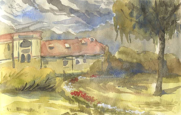 Landscape with house, trees and bushes. Watercolor illustration in sketch style