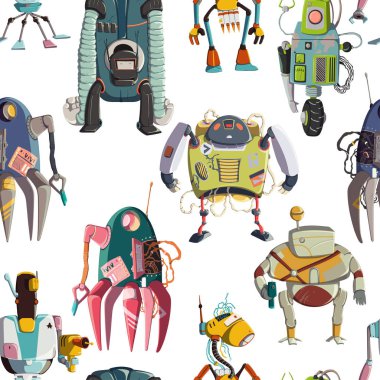 Çizgi film robotları karakterleri ile kusursuz desen ayarlayın. Teknoloji, gelecek. Yapay zeka tasarım konsepti. Beyaz arka planda izole edilmiş. Vektör çizimi