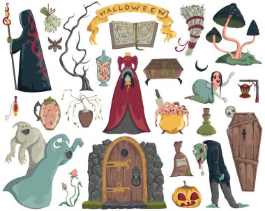 Cadılar Bayramı tasarım öğeleri ayarlayın. Korkunç karakterler, hayaletler, tabut, witcher, büyü, iksir, mantar ve bitkiler kitabı. Beyaz arka planda yalıtılmış nesneler. Suluboya stilinde vektör çizimi