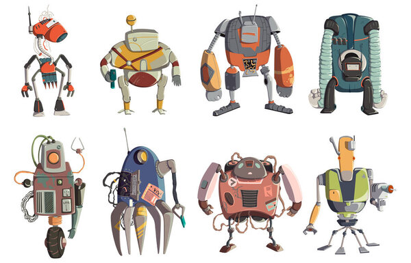 Cartoon robots characters set. Technology, future. Artificial intelligence design concept. Isolated on white background. Vector illustration