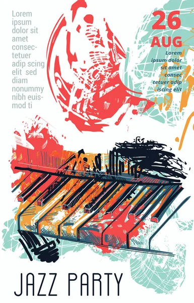 Jazz music party with abstract piano keyboard in grunge watercolor sketch style. Design template for invitation, card, poster, placard and flyer. Vector illustration