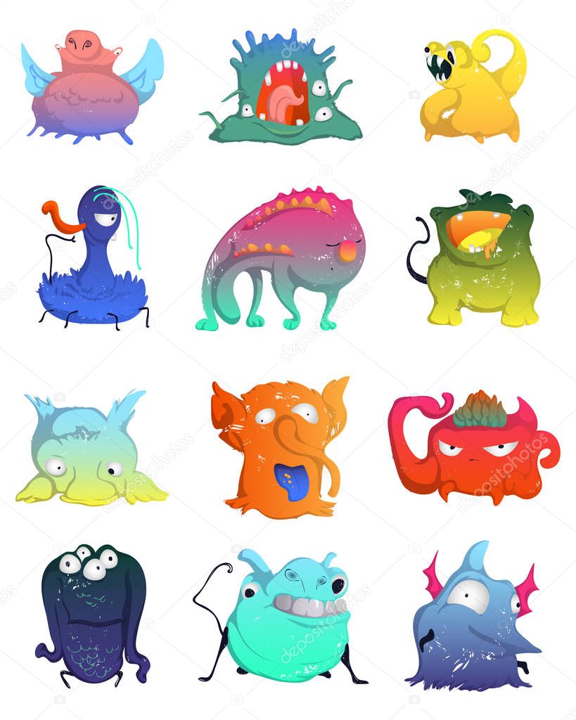 Cute monsters set. Funny fantasy characters collection. Design concept elements for print, poster, wallpaper. Isolated objects on white background. Colorful vector illustration
