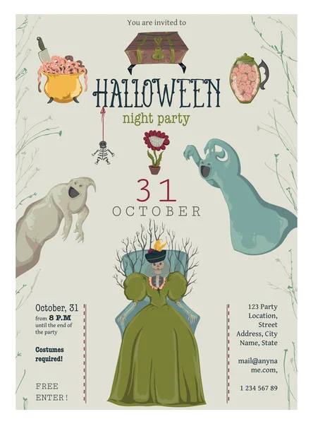 Halloween Night Party Uitnodiging Griezelige Personages Decoraties Ontwerpsjabloon Voor Wenskaart — Stockvector